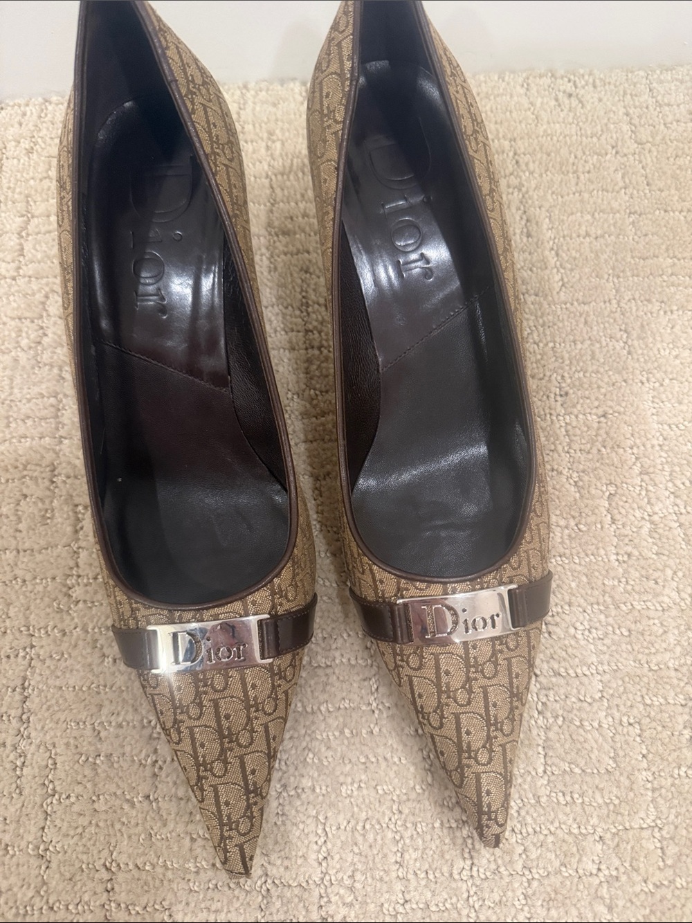 Dior Tan Brown Monogram Pointed Toe Pumps with Logo Plaque
